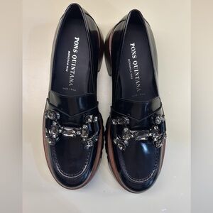 Pons Quintana Black wooden heel Patent Loafers with Silver jewels Detail